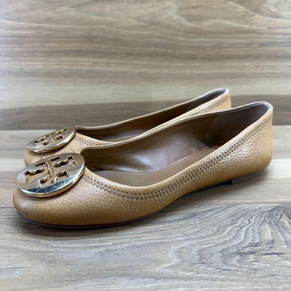 Tory Burch‎ Reva Flats Tan Womens 5 C Pebble Leather Gold Logo